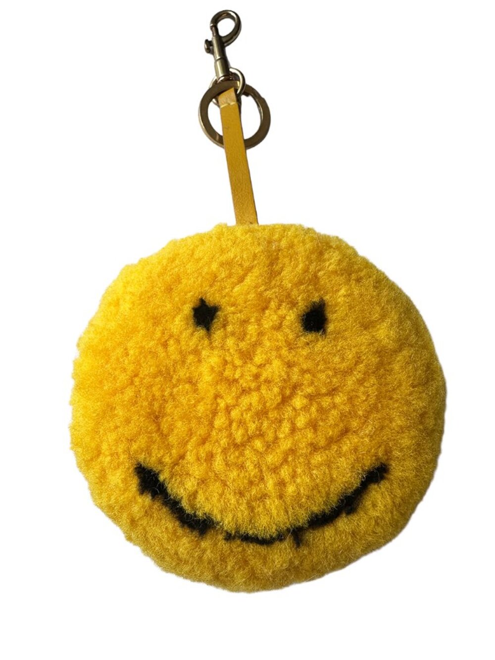 Anya Hindmarch Smiley Face Bag Charm Keychain Yellow Shearling Gold Hardware